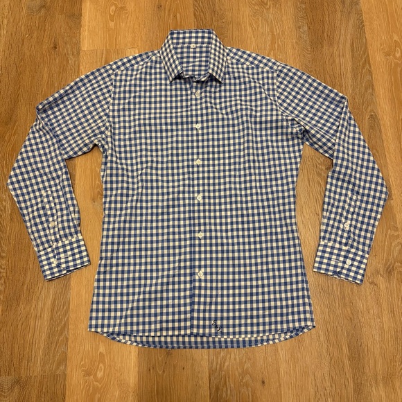 State and Liberty Blue White Checkered Button Down Dress Shirt Medium Stretch